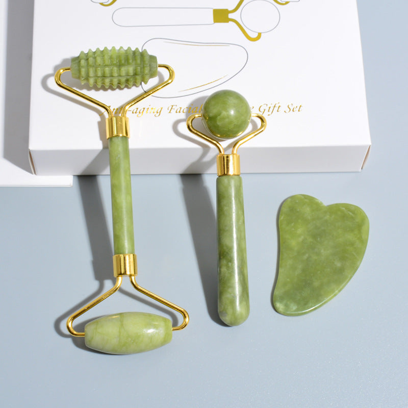 Wellness Beauty Massage Set Vibrant Skin Jade Kit Traditional Gua Sha Tools Skin Rejuvenation Jade Kit Revitalizing Facial Stone Set Relaxation Facial Massage Set Premium Jade Crystal Set