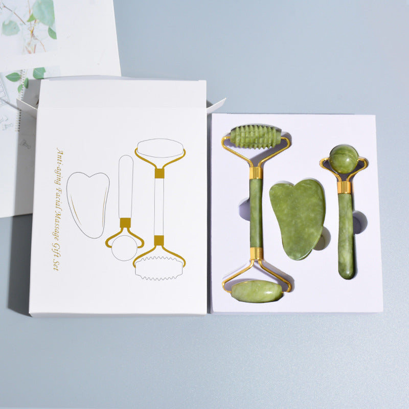 Wellness Beauty Massage Set Vibrant Skin Jade Kit Traditional Gua Sha Tools Skin Rejuvenation Jade Kit Revitalizing Facial Stone Set Relaxation Facial Massage Set Premium Jade Crystal Set